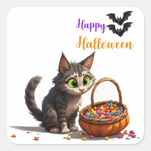 Neugierige Katze mit kandierten Kürbislaternen 🍂 Quadratischer Aufkleber