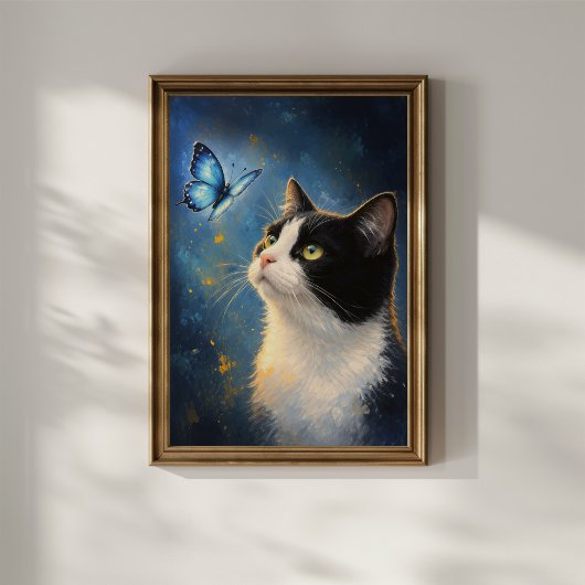 Neugierige Katze und blauer Schmetterling Poster