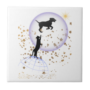 Neugierige Katze und Laufhund Fliese