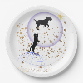 Neugierige Katze und Laufhund Pappteller