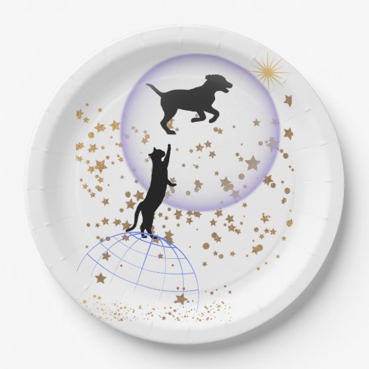 Neugierige Katze und Laufhund Pappteller (Vorderseite)