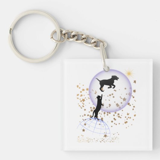 Neugierige Katze und Laufhund Schlüsselanhänger (Vorderseite)