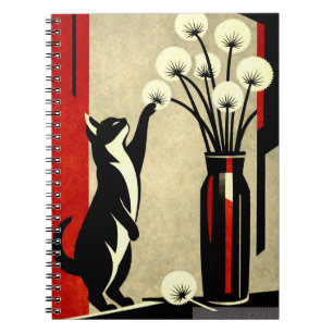 Neugierige Katze und Löwenzahn – Art Deco Stil Notizblock