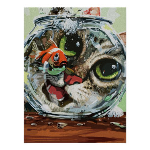 Neugierige Katze und vorsichtiger Goldfish Poster