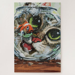 Neugierige Katze und vorsichtiger Goldfish Puzzle