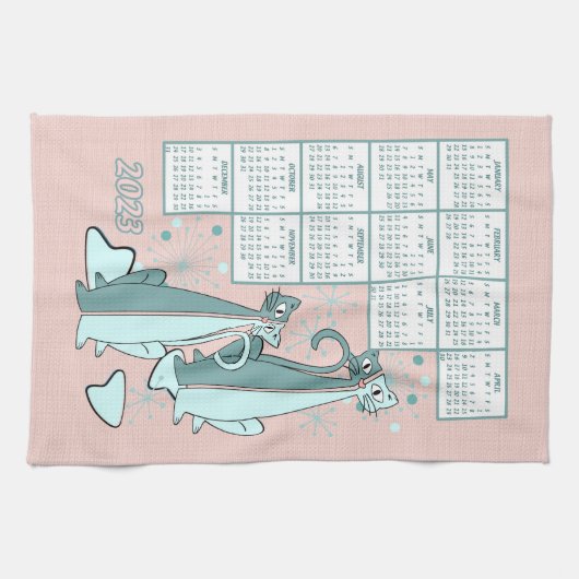 Neugierige Katzen Retro Mitte Jahrhundert 2023 Kal Geschirrtuch (Horizontal)