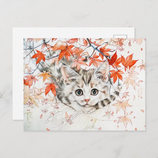 Neugierige Kitten im Herbst Blätter in chinesische Postkarte (Vorne/Hinten)