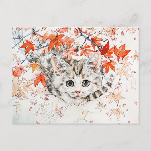 Neugierige Kitten im Herbst Blätter in chinesische Postkarte (Vorderseite)