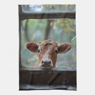 Neugierige Kuh durch ein Fenster schauen Geschirrtuch