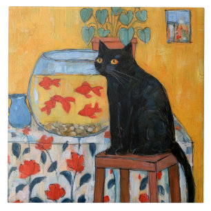 Neugierige schwarze Katze beobachtet Aquarium Fliese
