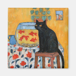 Neugierige schwarze Katze beobachtet Aquarium Magnet