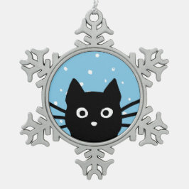 Neugierige Schwarze Katze | Niedlich Peeking Kitty Schneeflocken Zinn-Ornament