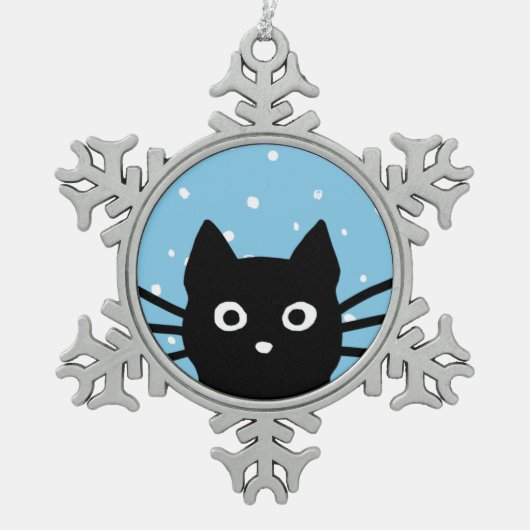 Neugierige Schwarze Katze | Niedlich Peeking Kitty Schneeflocken Zinn-Ornament (Vorderseite)