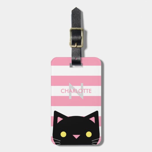 Neugierige schwarze Katze | Stripes | Monogramm Gepäckanhänger (Vorderseite vertikal)
