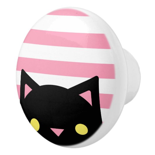 Neugierige schwarze Katze | Stripes rosa | u. Weiß Keramikknauf (Rechts)