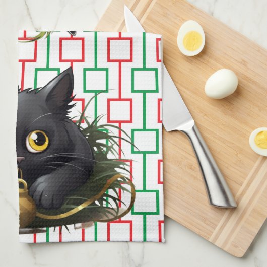 Neugierige Schwarze Katzen spielen mit Dekoratione Geschirrtuch (Viertel Falte)