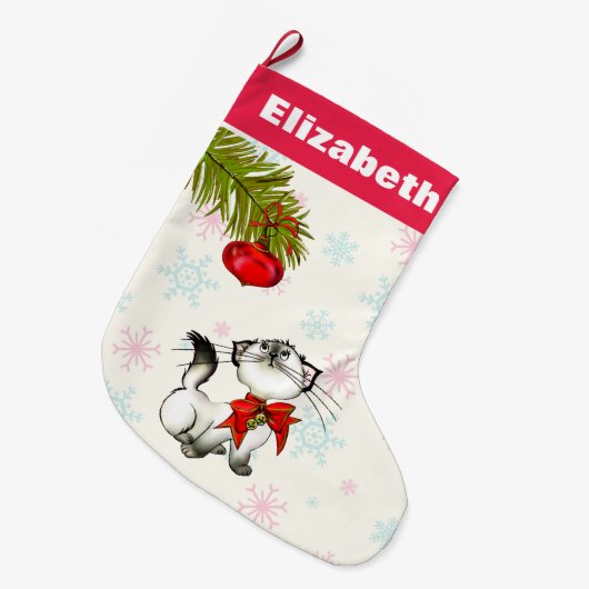 Neugierige Weihnachtskätzchen mit einem roten Bow  Großer Weihnachtsstrumpf (Vorderansicht (hängend))