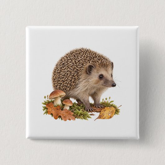 Neugieriger Igel mit Pilzen und Herbstlaub Button (Vorderseite)
