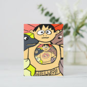 Neugieriger Junge und seine Whimsiktiere Postkarte (Stehend Vorderseite)