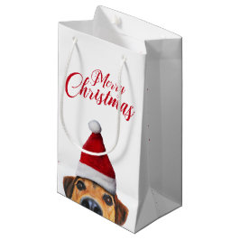 Neugieriger Niedlicher Hund mit Weihnachtsmannmütz Kleine Geschenktüte