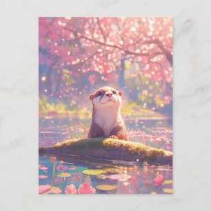 Neugieriger Otter im rosa Kirschblüten Teich Postkarte