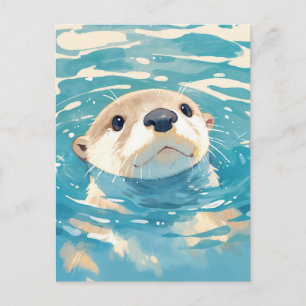 Neugieriger Otter schaut aus blauem Wasser hervor Postkarte