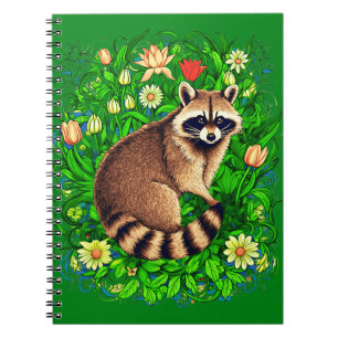 Neugieriger Raccoon im farbenfrohen Blumengarten Notizblock