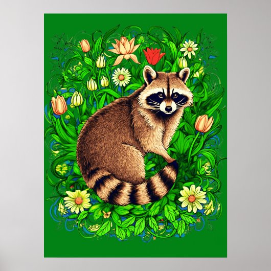 Neugieriger Raccoon im farbenfrohen Blumengarten Poster (Vorne)