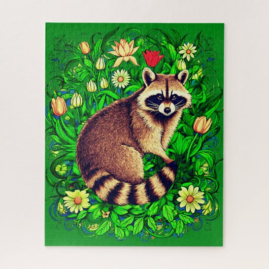 Neugieriger Raccoon im farbenfrohen Blumengarten Puzzle (Vertikal)