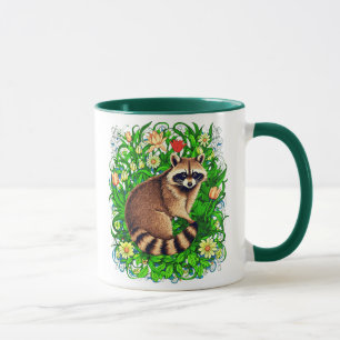 Neugieriger Raccoon im farbenfrohen Blumengarten Tasse