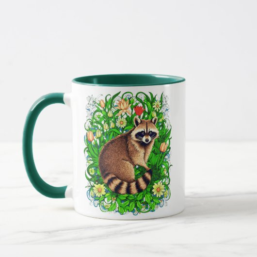 Neugieriger Raccoon im farbenfrohen Blumengarten Tasse (Links)
