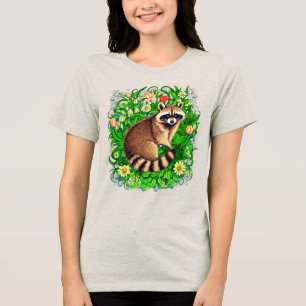 Neugieriger Raccoon im farbenfrohen Blumengarten Tri-Blend Shirt