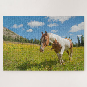 Neugieriges Pferd auf einer alpinen Wiese im Somme Puzzle