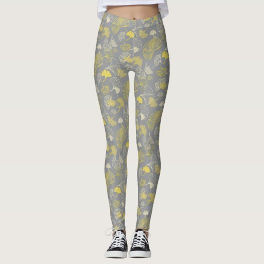 Neuheit Ginkgo Grau und Gelb Muster Leggings (Vorderseite)