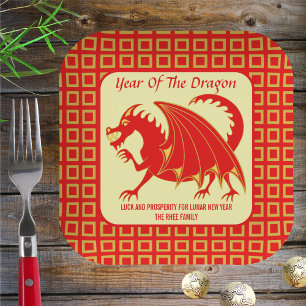 Neujahr 2024 Niedliches Party des Roten Drachen Pappteller