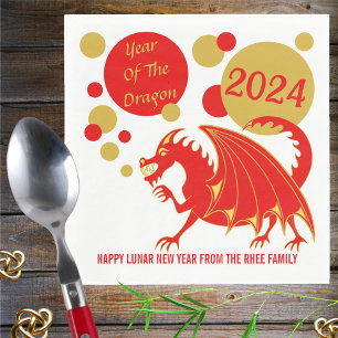 Neujahr 2024: Rotes Drachenrot und Goldmedaille Pa Serviette