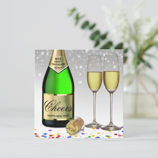 Neujahr 2025 Sparkling Weinflasche Einladung (Stehend Vorderseite)
