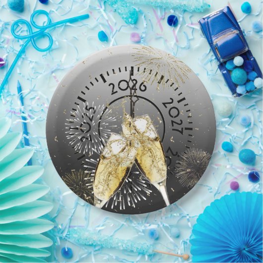 Neujahr 2026 Champagner Toast und Feuerwerk Pappteller (Party)