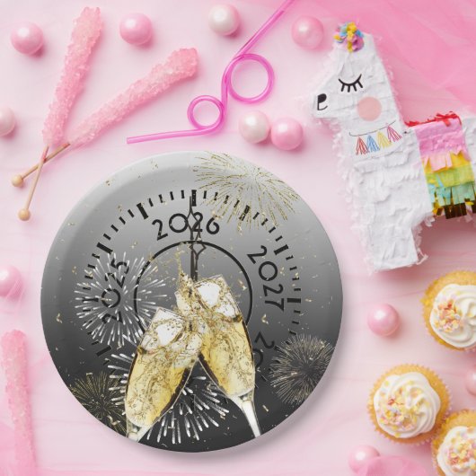 Neujahr 2026 Champagner Toast und Feuerwerk Pappteller (Party)