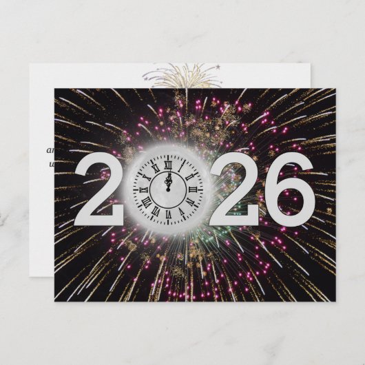 Neujahr 2026 Feuerwerke und Monduhr Postkarte (Vorne/Hinten)