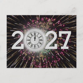 Neujahr 2026 Feuerwerke und Monduhr Postkarte