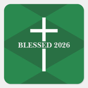 Neujahr 2026 Grün und Weiß Kreuz Christlich Quadratischer Aufkleber