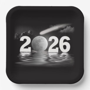 Neujahr 2026 Mond mit Comet Pappteller