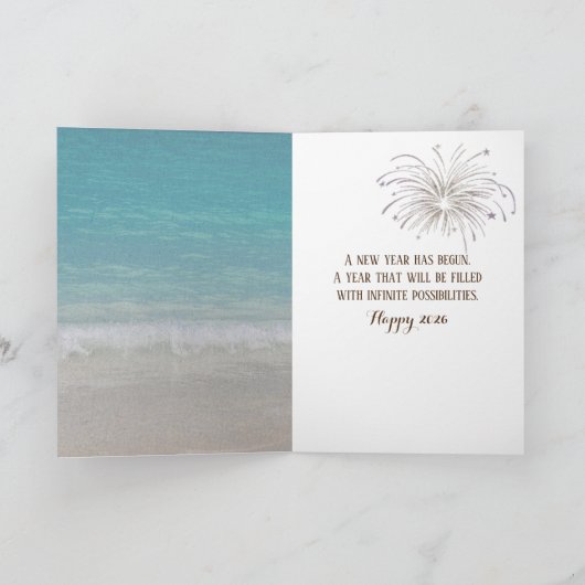 Neujahr 2026 Sand Timer on Beach Karte (Innenseite)