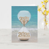 Neujahr 2026 Sand Timer on Beach Karte (Gelbe Blume)