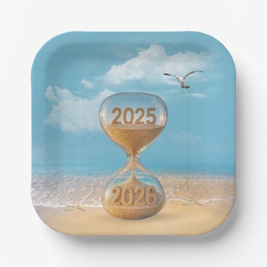 Neujahr 2026 Sanduhr mit Seestern Pappteller (Vorderseite)