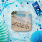 Neujahr 2026 Text auf einem tropischen Strand Pappteller (Party)
