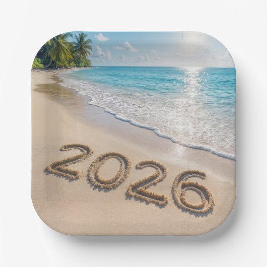 Neujahr 2026 Text auf einem tropischen Strand Pappteller (Vorderseite)