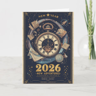 Neujahr 2026 Zeitreise Vintage-Gruß Karte