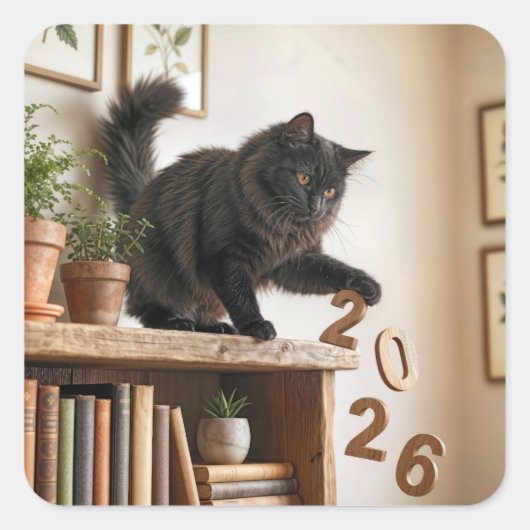 Neujahr 2027 Spielkatze Quadratischer Aufkleber (Vorderseite)